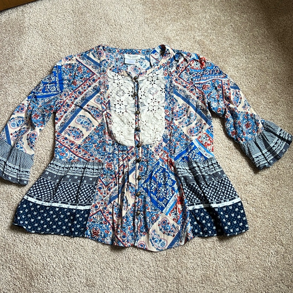 Tru Luxe Jeans Boho Patchwork Mixed Media Blouse   Size Small